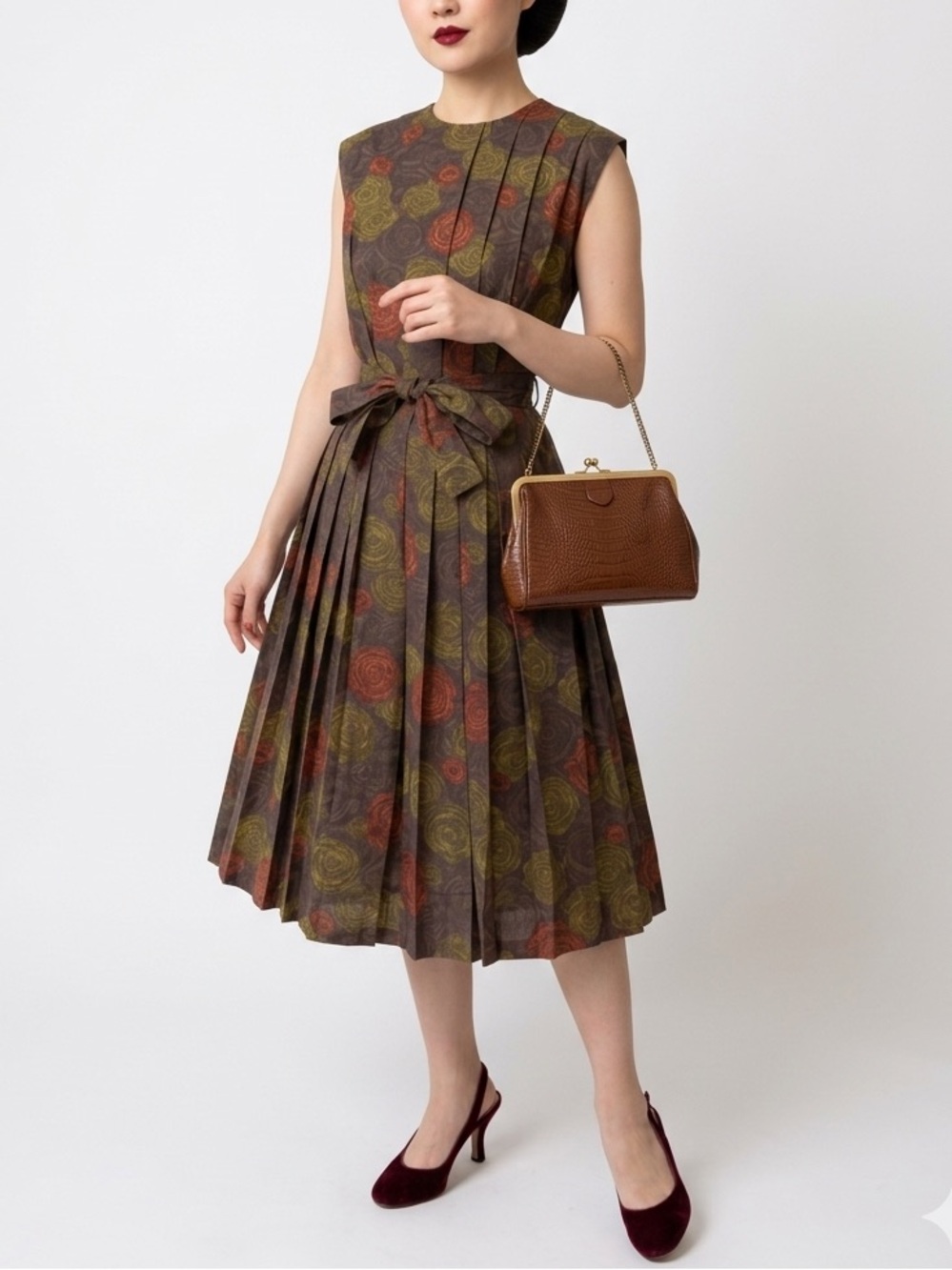 Vintage 1950s Norman Dress Full Skirt Atomic Print Pleated Belted S M